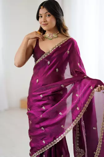 wine color silk blend  bollywood style glamorous ceremonial saree