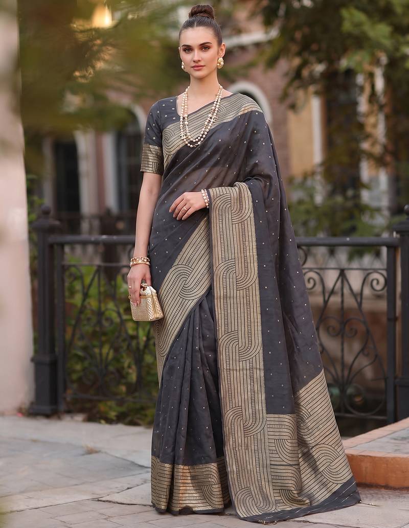 black color cotton blend woven designer ethnic partywear saree