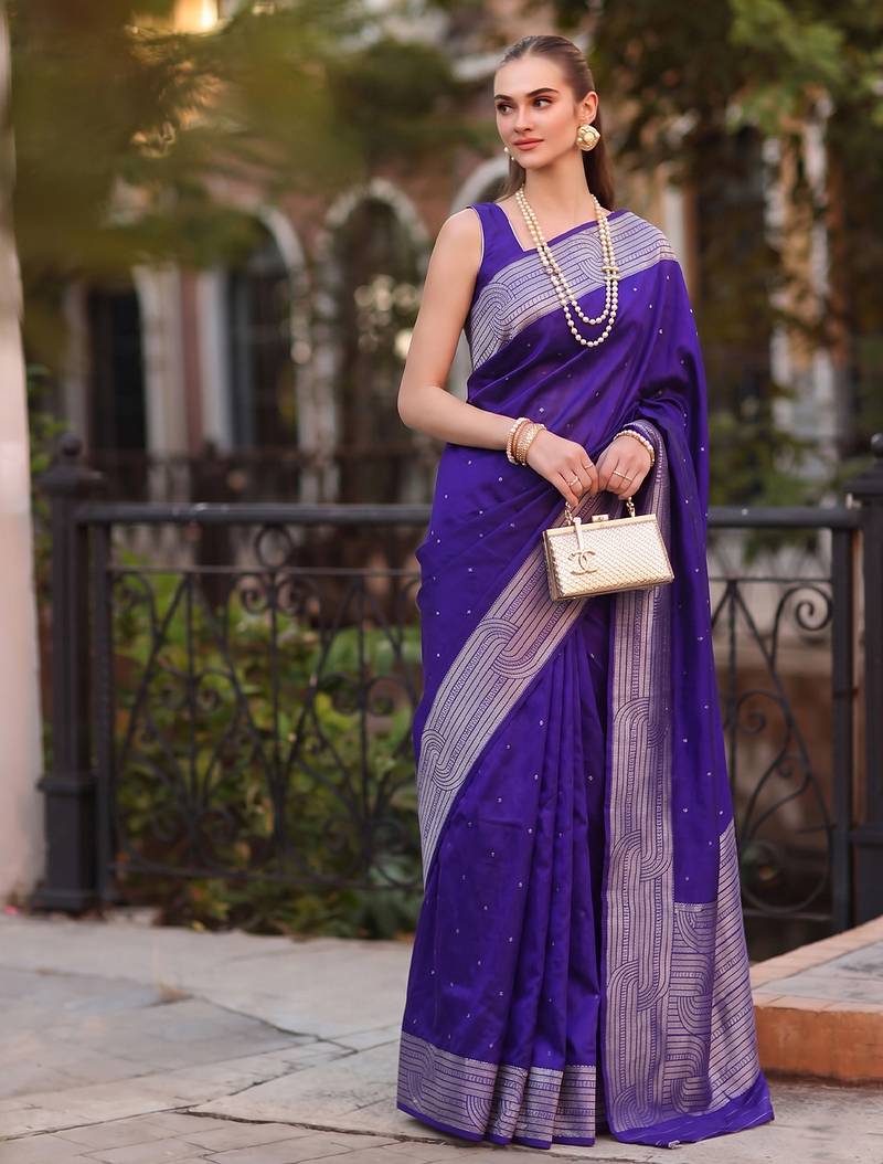 blue color cotton blend woven designer ethnic partywear saree