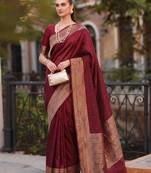 maroon color cotton blend woven designer ethnic partywear saree