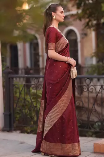 maroon color cotton blend woven designer ethnic partywear saree
