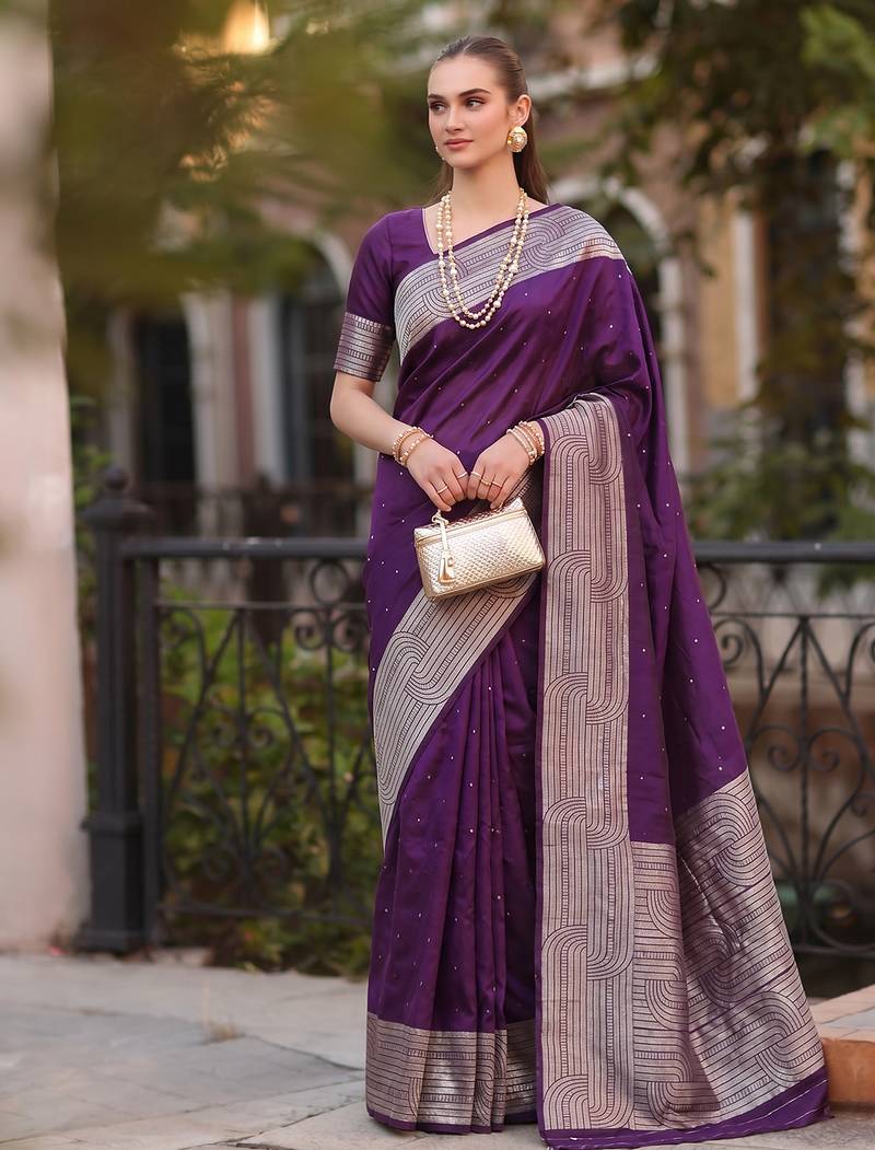 purple color cotton blend woven designer ethnic partywear saree