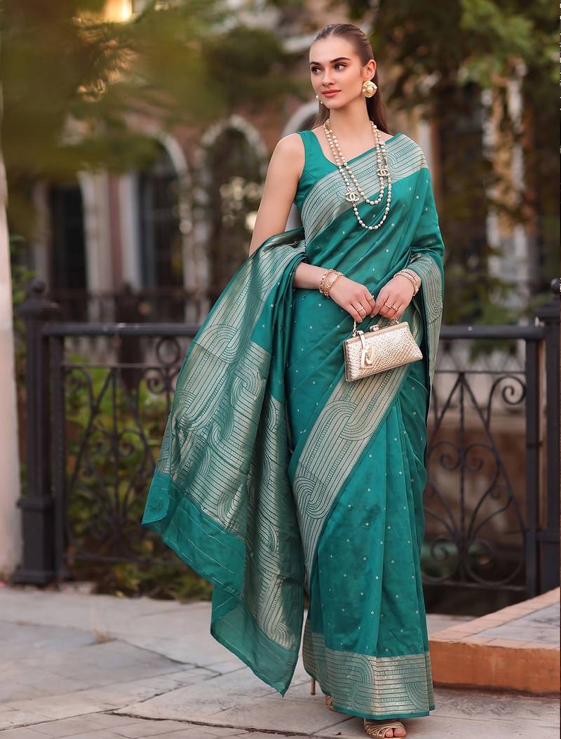 teal color cotton blend woven designer ethnic partywear saree