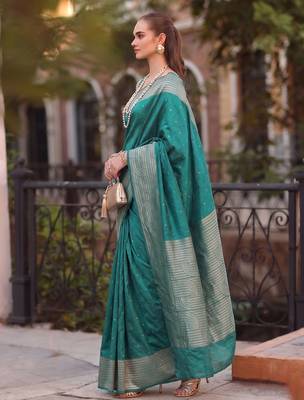 teal color cotton blend woven designer ethnic partywear saree 3