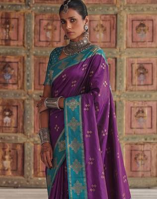 violet color soft silk blend woven designer fancy festive rich saree 3