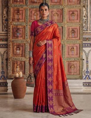 orange color soft silk blend woven designer fancy festive rich saree 1