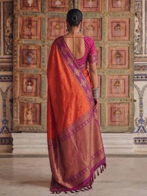 orange color soft silk blend woven designer fancy festive rich saree 2