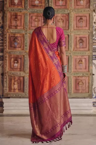 orange color soft silk blend woven designer fancy festive rich saree