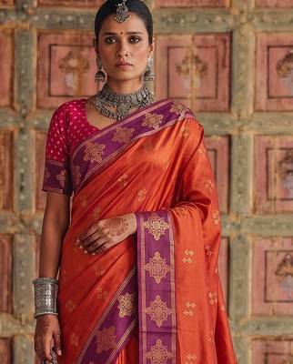 orange color soft silk blend woven designer fancy festive rich saree 3