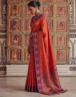 orange color soft silk blend woven designer fancy festive rich saree 4