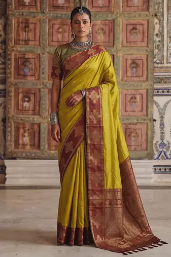 mustard color soft silk blend woven designer fancy festive rich saree