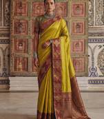 mustard color soft silk blend woven designer fancy festive rich saree