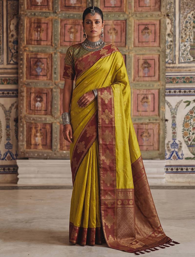 mustard color soft silk blend woven designer fancy festive rich saree