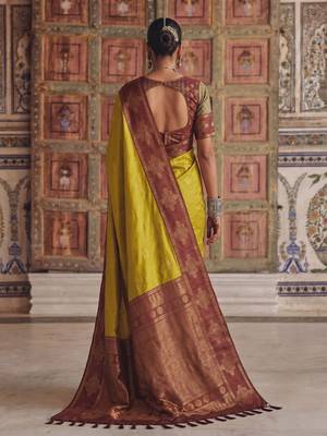 mustard color soft silk blend woven designer fancy festive rich saree 2