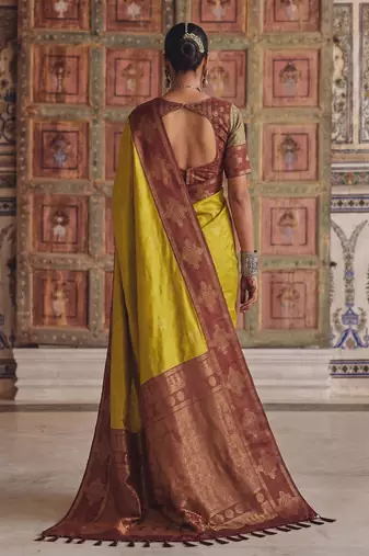 mustard color soft silk blend woven designer fancy festive rich saree