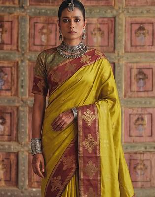 mustard color soft silk blend woven designer fancy festive rich saree 3
