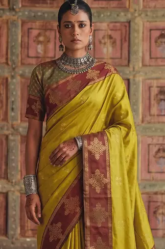 mustard color soft silk blend woven designer fancy festive rich saree