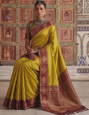 mustard color soft silk blend woven designer fancy festive rich saree 4