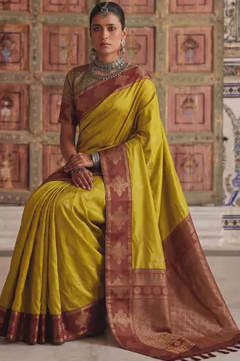 mustard color soft silk blend woven designer fancy festive rich saree