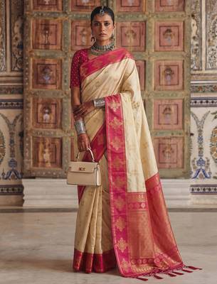 cream color soft silk blend woven designer fancy festive rich saree 1