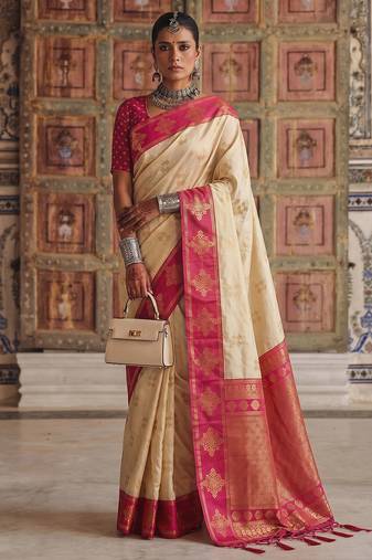 cream color soft silk blend woven designer fancy festive rich saree