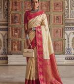 cream color soft silk blend woven designer fancy festive rich saree