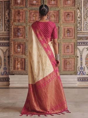 cream color soft silk blend woven designer fancy festive rich saree 2