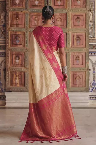 cream color soft silk blend woven designer fancy festive rich saree