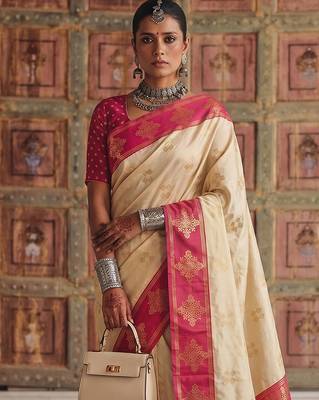 cream color soft silk blend woven designer fancy festive rich saree 3