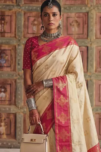 cream color soft silk blend woven designer fancy festive rich saree