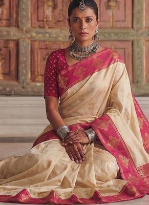 cream color soft silk blend woven designer fancy festive rich saree 4