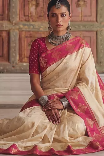 cream color soft silk blend woven designer fancy festive rich saree