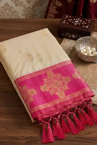 cream color soft silk blend woven designer fancy festive rich saree
