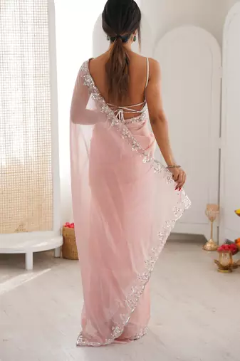 pink color nc moss silk blend heavy work wedding special designer looks saree