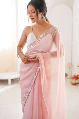 pink color nc moss silk blend heavy work wedding special designer looks saree