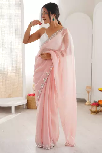 pink color nc moss silk blend heavy work wedding special designer looks saree