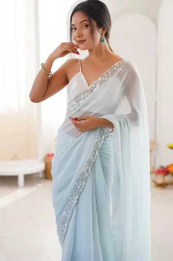 sky blue color nc moss silk blend heavy work wedding special designer looks saree