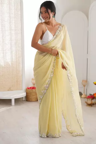 yellow color nc moss silk blend heavy work wedding special designer looks saree