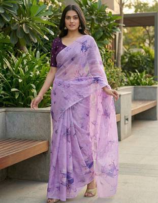 lavender color organza smart printed saree with embroidered blouse 1
