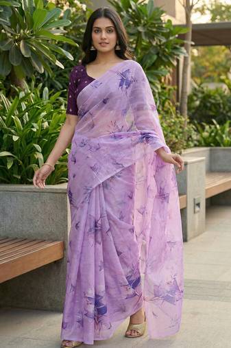 lavender color organza smart printed saree with embroidered blouse