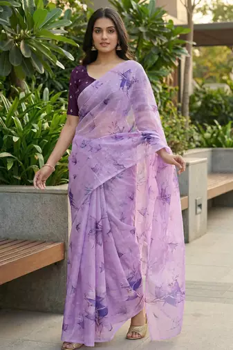 lavender color organza smart printed saree with embroidered blouse