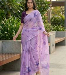 lavender color organza smart printed saree with embroidered blouse