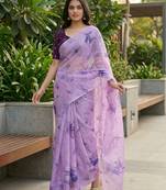 lavender color organza smart printed saree with embroidered blouse