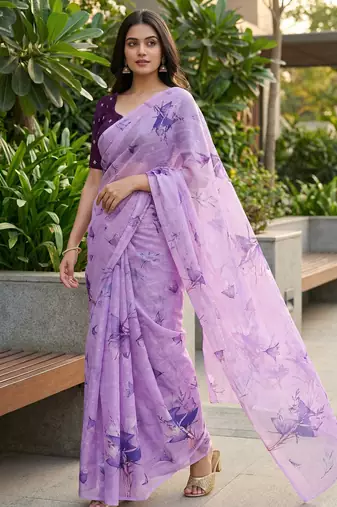 lavender color organza smart printed saree with embroidered blouse