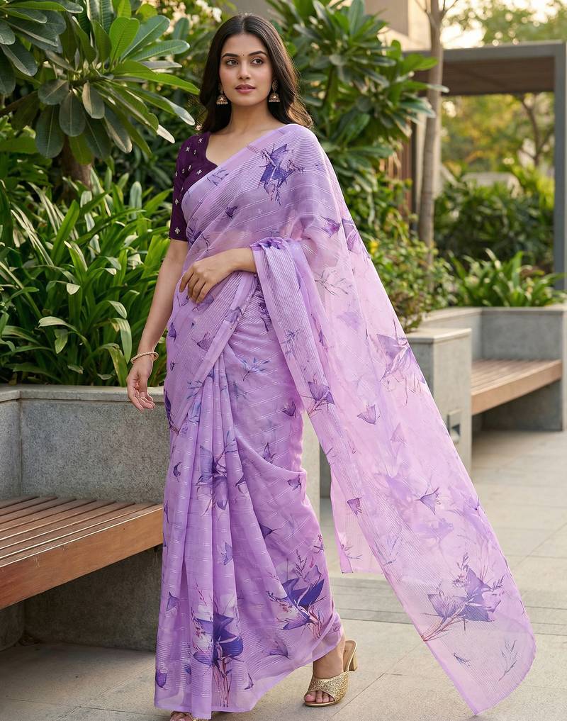 lavender color organza smart printed saree with embroidered blouse