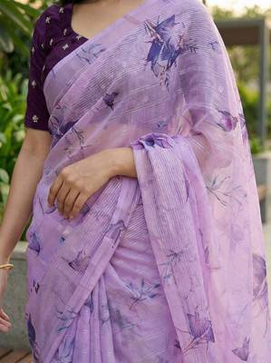 lavender color organza smart printed saree with embroidered blouse 3