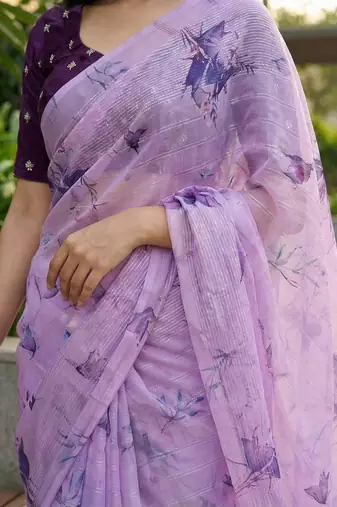 lavender color organza smart printed saree with embroidered blouse