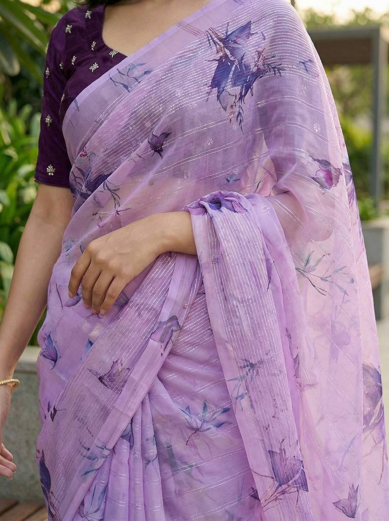lavender color organza smart printed saree with embroidered blouse