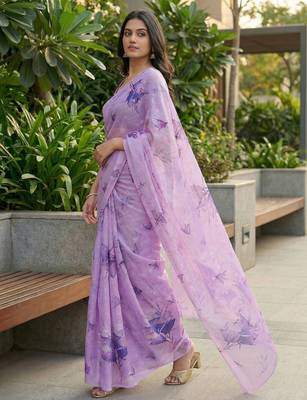 lavender color organza smart printed saree with embroidered blouse 4