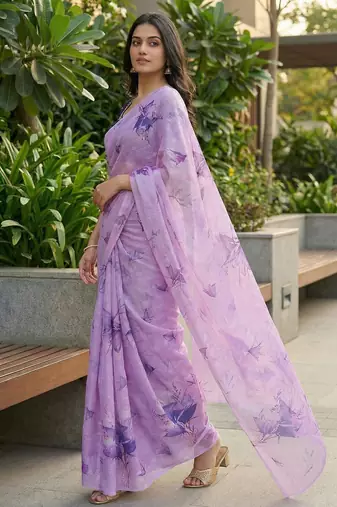 lavender color organza smart printed saree with embroidered blouse